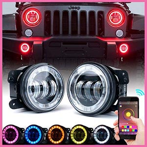 Xprite 4 LED Bluetooth Fog Light w/RGB Halo Angel Ring for 2007-2018 Jeep Wrangler JK