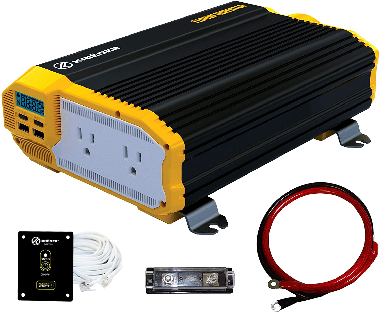 KRIËGER 1100 Watt 12V Power Inverter Dual 110V AC Outlets, Installation Kit Included, Automotive Back Up Power Supply For Blenders