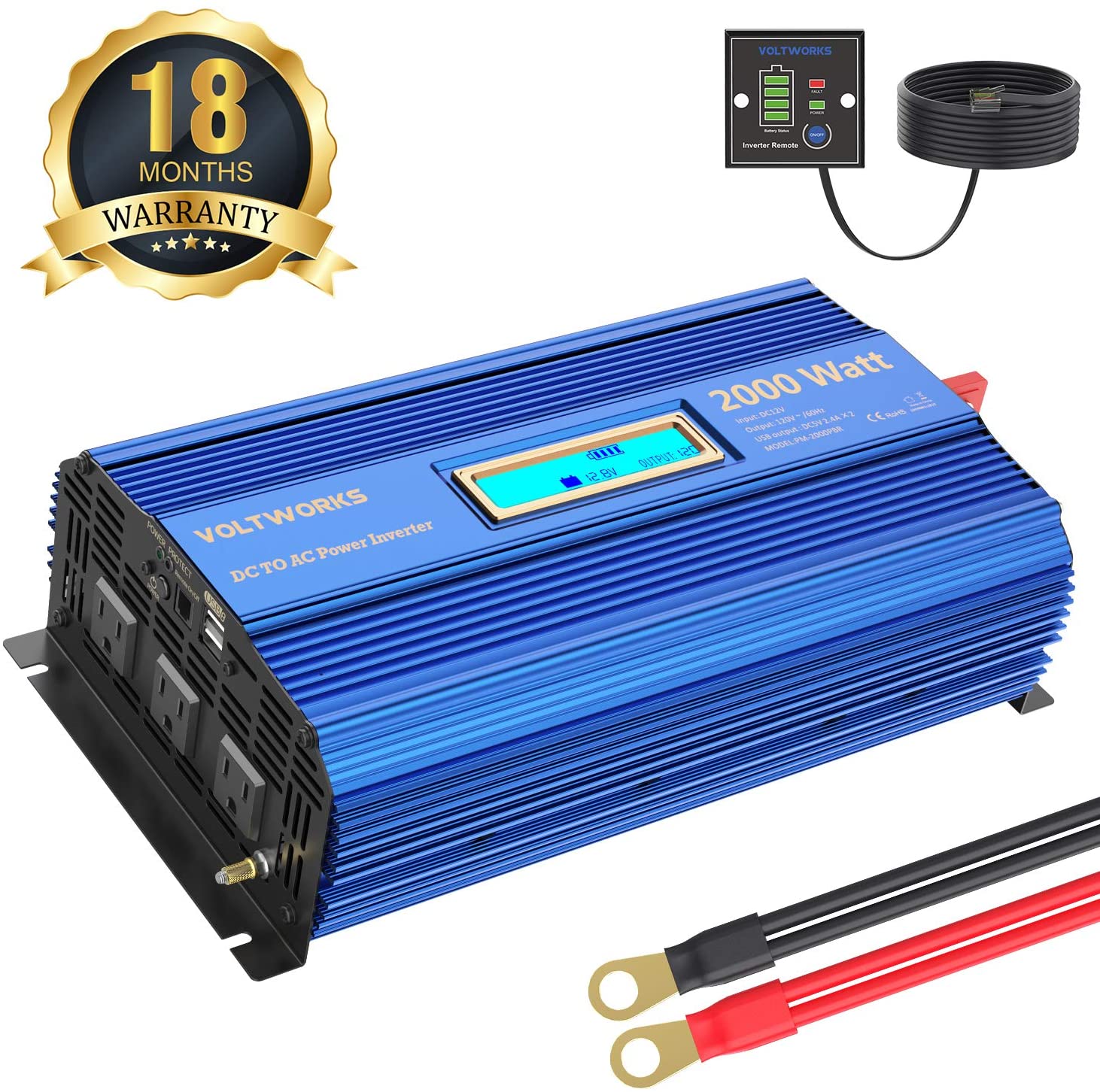 Power Inverter 2000w DC 12V to AC 120V Modified Sine Wave Inverter with 3AC Outlets Dual 2.4A USB Ports Remote