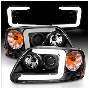 AmeriLite for 1997-2003 Ford F150 97-2002 Expedition Pickup Truck LED Tube Black Projector Headlights Set