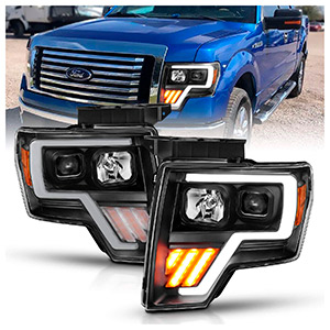 AmeriLite Black Projector Headlights LED Bar and Turn Signal Set For Ford F-150 - Passenger and Driver Side