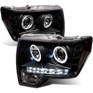 For Ford F150 F-150 Pickup Black Bezel Dual Halo LED Projector Headlights Front Lamps