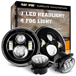 SUNPIE Round 7 inch LED Headlights(BUILT IN LED CANBUS) + 4 inch LED Fog Lights for Jeep Wrangler JK TJ LJ 1997-2017