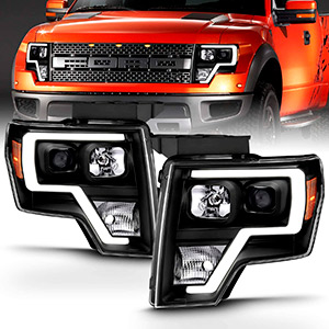 AmeriLite Square Projector Black Headlights Pair LED Bar Set For 2009-2014 Ford F150 High/Low Beam Bulb Included - Driver and Passenger Side