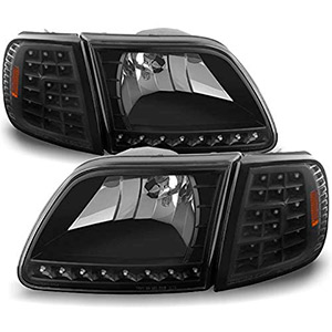 For 97-03 Ford F150 97-02 Expedition Black DRL LED Headlights w/LED Corner Signal Lights Replacement